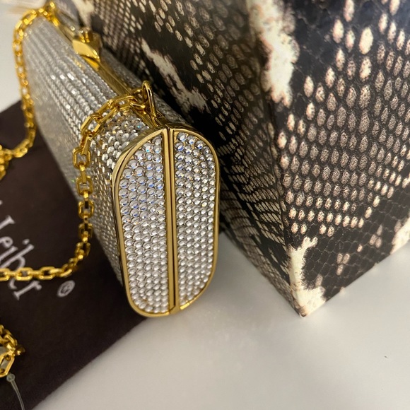 Judith Leiber Miniaudière Evening Purse Handbag Gold w Silver Rhinestones unworn - Picture 11 of 15